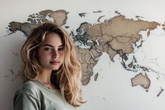 A person studying a world map, possibly planning a trip or researching destinations