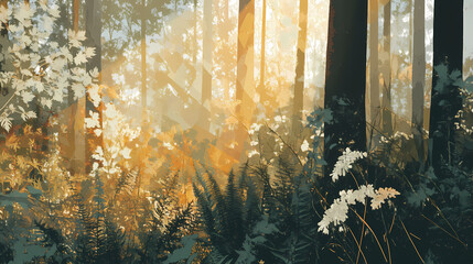 A tranquil forest glade bathed in warm sunlight, with ferns and wildflowers in muted hues and a subtle geometric pattern on tree trunks, abstract landscape, trees, sunlight. Evergold. Illustration