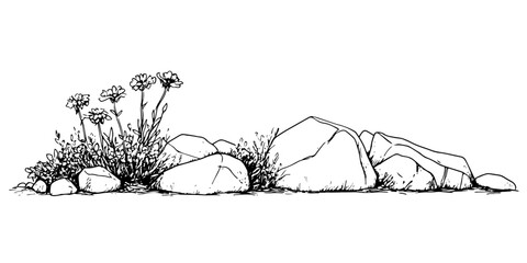 rock and plant composition sketch in black vector style