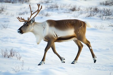 Obraz premium A single reindeer walking through deep snow