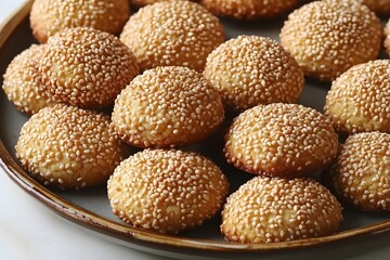 Close-up of numerous round sesame seed cookies arranged on a plate.