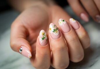 Elegant manicure featuring delicate daisy nail art on natural nails