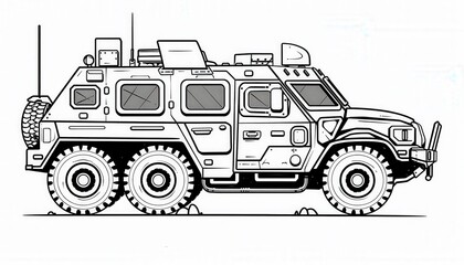 A rugged six-wheeled armored vehicle. Ideal for military or off-road adventures. Perfect for coloring pages or design elements.