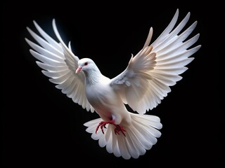 Fototapeta premium Surreal White Dove in Flight, Isolated Black Background - Dreamlike Bird Photography