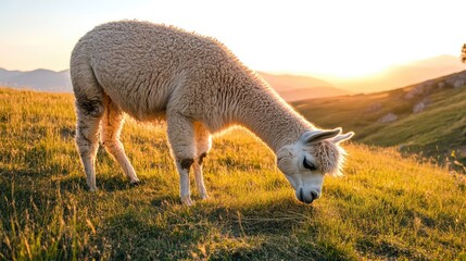 Fototapeta premium A fluffy alpaca grazing on a grassy hill under a bright and clear sky.