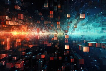 Fototapeta premium Datastreaming through cyberspace with vibrant colors and dynamic patterns, depicting the flow of information in an abstract digital environment at night