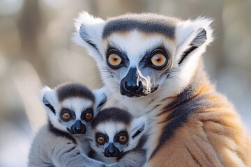 Obraz premium A close-up shot of a mother lemur holding her two babies, showcasing maternal care and bonding