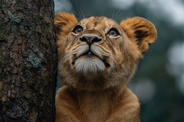 Naklejka premium Close-up shot of a young lion standing near a tree, natural habitat