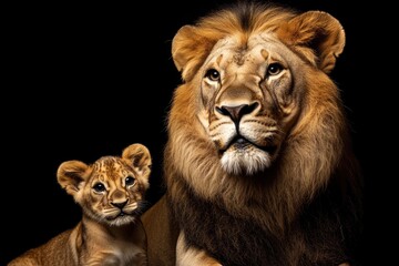 Fototapeta premium A majestic lion and its adorable cub sit side by side, showcasing their bond