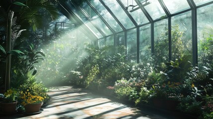 Obraz premium A glass greenhouse filled with tropical plants, with sunlight streaming through its panes.