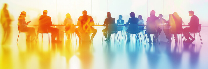 A collaborative breakout session at a scientific conference, with scientists sitting at round tables, exchanging ideas in abstract bursts of color and light.  