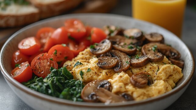 Delicious Scrambled Eggs Mushrooms Tomatoes and Spinach