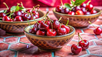 Sweet Cherries in Bowls on Pink Tile Background - Fresh Summer Fruit Still Life