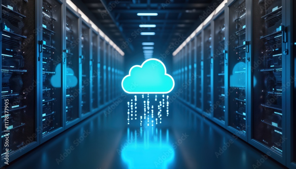 Poster Modern data center. Hybrid cloud integration architecture. Seamless integration of on-premises infrastructure with AI. Tech concept. Digital future. Modernization in. Network connectivity