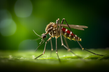 Fototapeta premium Mosquito on Green Leaf in Macro Style