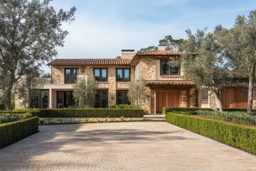 Obraz premium Luxurious Mediterranean-style home with stone facade and landscaped gardens in serene neighborhood setting during daylight hours
