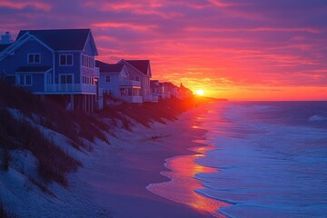 Fototapeta premium A serene beach scene with houses in the background as the sun sets