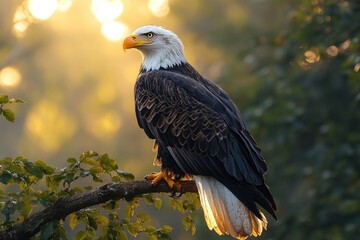 Fototapeta premium A majestic bald eagle sits on a tree branch, looking out over the surrounding area