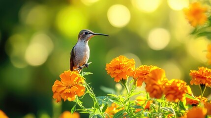 Fototapeta premium A hummingbird perched on a branch of bright orange marigolds in full sunlight.