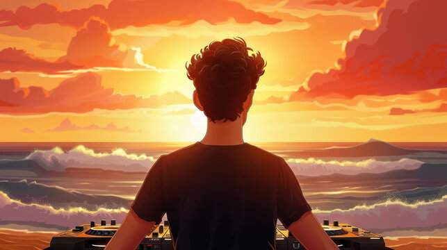 Experience the thrill of a DJ spinning tracks at a lively beach party as the sun sets, drawing a massive crowd for an unforgettable night.