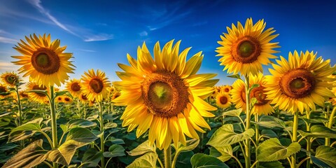 Obraz premium Tall Yellow Sunflowers Blooming Under a Vivid Blue Sky - Summer Field Stock Photo