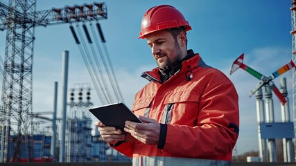 A European male engineer, wearing essential safety gear, conducts a thorough inspection of power lines while utilizing advanced tablet technology to assess and evaluate the situation comprehensively