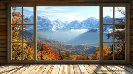 A large glass window in a cozy wooden cabin offering a serene view of autumn leaves and snowy mountains.