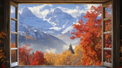 A large rustic window framing the beauty of colorful fall trees and snowy mountain peaks.