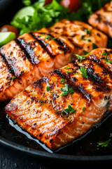 Grilled salmon fillets with garnish in a skillet, close-up of delicious seafood dish