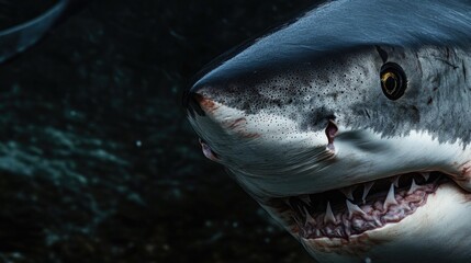 Naklejka premium Close-up image of a shark's mouth open, often used in educational or scientific contexts