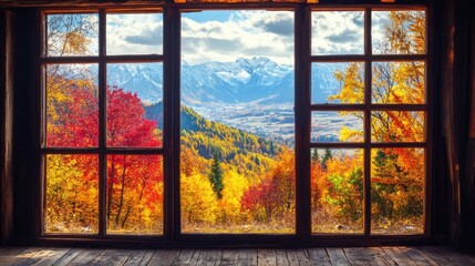 A large rustic window revealing a stunning autumn landscape of colorful leaves and snowy mountains.
