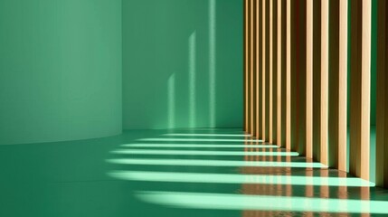 Obraz premium A sleek exhibition space featuring black and wooden walls, bathed in soft green light for a modern touch.