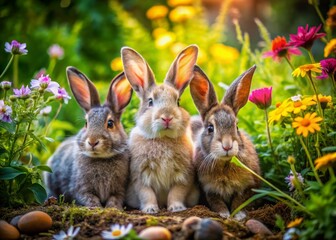 Three Adorable Rabbits Hopping in a Lush Spring Garden