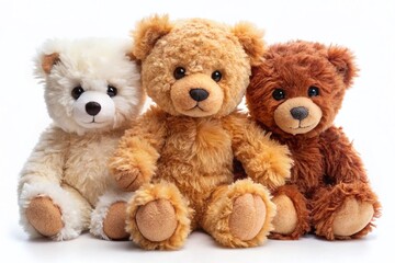 Obraz premium Three Adorable Teddy Bears: Brown, White, and Beige Plush Toys Isolated on White Background