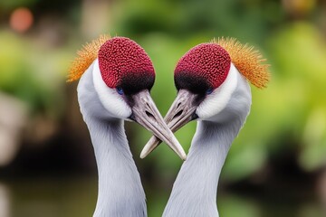 Two birds creating a heart shape with their beaks, a symbol of love and friendship