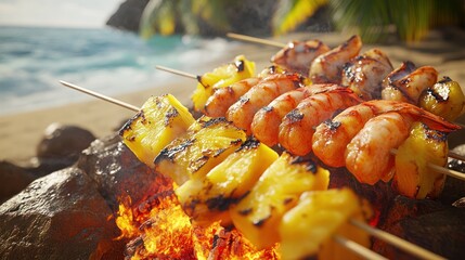 Sizzling skewers of shrimp and chicken with grilled pineapple on a beach at sunset. Generative AI