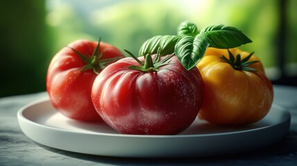Colorful heirloom tomatoes on a white plate with basil leaves in a bright kitchen setting. Generative AI