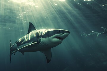 Fototapeta premium A great white shark glides majestically beneath sun rays filtering through the ocean surface in a tranquil underwater setting depicting marine life