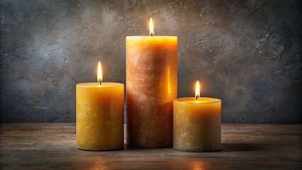 Three Burning Candles on Gray Gradient Background - Relaxing Atmosphere Stock Photo