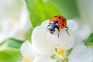 Obraz premium A ladybug sits on the tip of a white flower, enjoying its surroundings