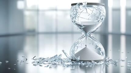 Broken hourglass on a reflective surface with scattered glass shards and sand. Generative AI