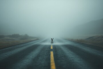 Rabbit stands in the middle of a foggy road during early morning hours in a quiet, remote area. Generative AI
