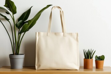A white canvas tote bag sits on a wooden table, surrounded by lush green plants