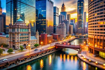 Obraz premium Tilt-Shift Chicago Downtown Rush Hour Bridge River