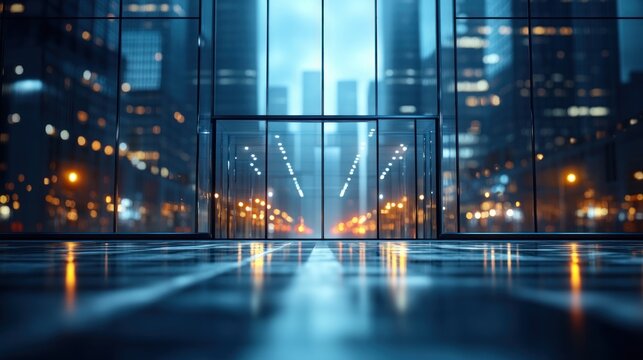 Urban cityscape view with modern glass architecture reflecting street lights at dusk. Generative AI