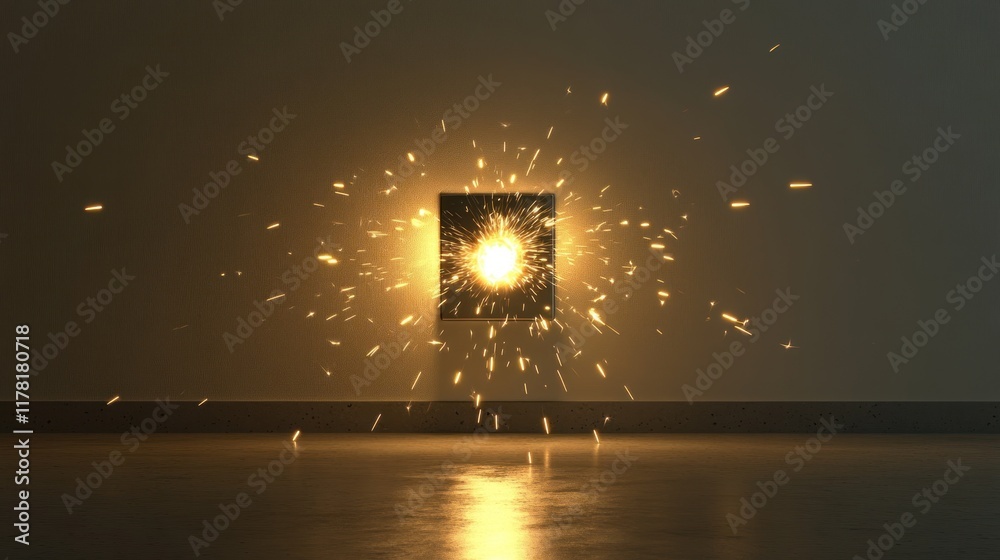 Poster light bursts from a square source illuminating a dark space with sparks and glow. generative ai