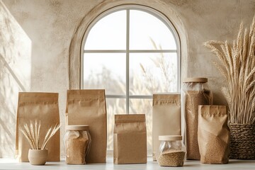 collection of food packaging. Brown paper bags, glass jars, and dried wheat stalks create a natural and sustainable aesthetic