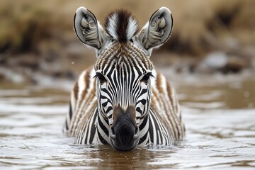 Naklejka premium A zebra standing in the shallow waters
