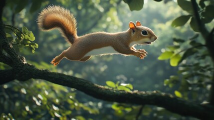 Fototapeta premium Squirrel leaps gracefully across a branch in a lush forest with sunlight filtering through leaves. Generative AI