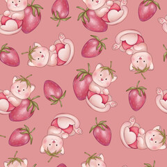 cat with strawberry seamless pattern on pink background. print for textile printing, baby clothes, packaging, scrubbing, card, poster